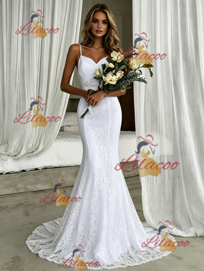 White Mermaid Spaghetti Straps Wedding Dress