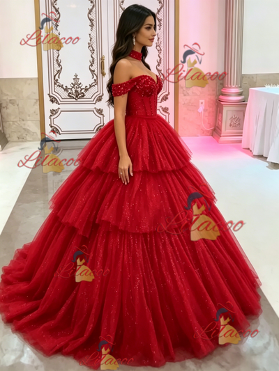 Red Tulle Off the Shoulder Beading Quinceanera Dress