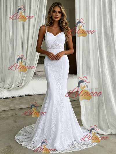 White Mermaid Spaghetti Straps Wedding Dress