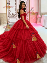 Red Tulle Off the Shoulder Beading Quinceanera Dress