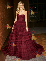 Bugrundy Tulle Tiers Strapless Prom Dress