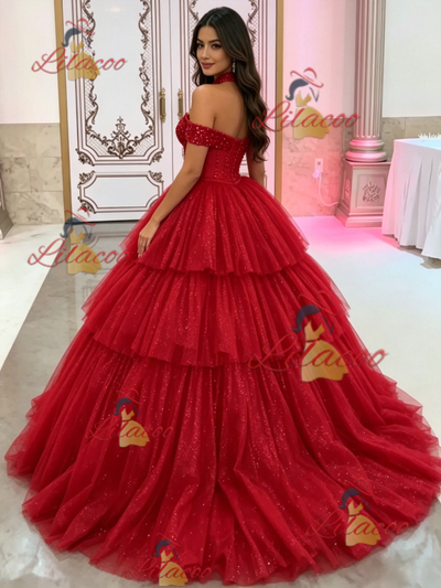 Red Tulle Off the Shoulder Beading Quinceanera Dress