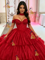 Red Tulle Off the Shoulder Beading Quinceanera Dress