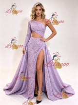 Purple Sequins Long Sleeve Prom Dress