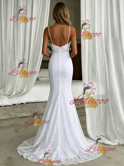 White Mermaid Spaghetti Straps Wedding Dress