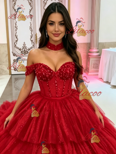 Red Tulle Off the Shoulder Beading Quinceanera Dress
