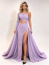 Purple Sequins Long Sleeve Prom Dress