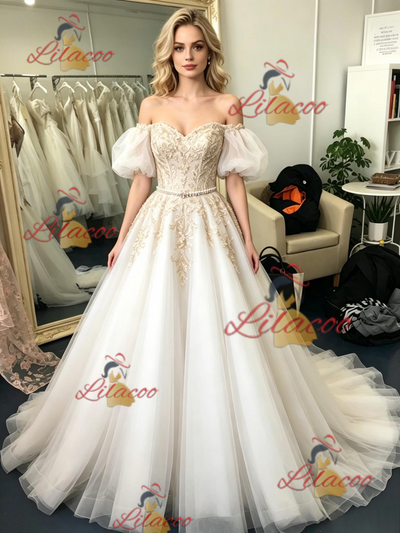 Tulle Off the Shoulder Appliques Prom Dress