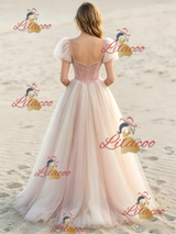 Pink Tulle Puff Sleeve Wedding Dress