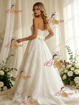 Beige Wite Tulle Appliques Strapless Wedding Dress