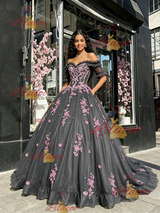 Gray Tulle Short Sleeve Appliques Quinceanera Dress