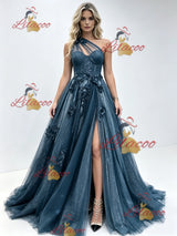 Blue Tulle One Shoulder Appliques Prom Dress