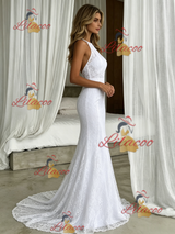 White Mermaid Lace Halter Wedding Dress