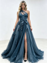 Blue Tulle One Shoulder Appliques Prom Dress