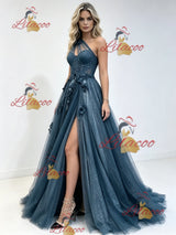 Blue Tulle One Shoulder Appliques Prom Dress
