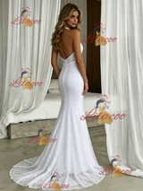 White Mermaid Lace Halter Wedding Dress
