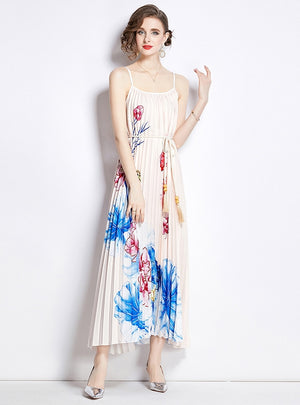 Printed Sling Pleated Dress