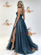 Blue Tulle One Shoulder Appliques Prom Dress
