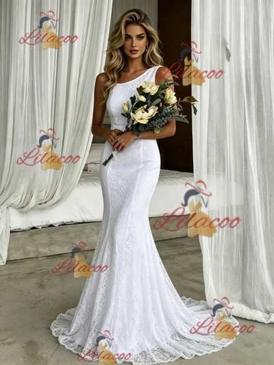 White Mermaid Lace One Shoulder Wedding Dress