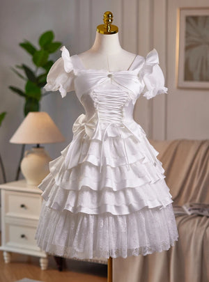 White Satin Bow Homecoming Dress