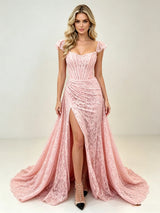 Pink Lace Straps Split Prom Dress