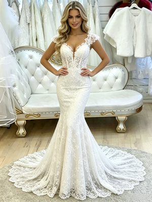 White Mermaid Lace V-neck Wedding Dress
