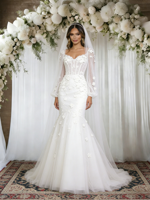 White Mermaid Tulle Appliques Long Sleeve Wedding Dress