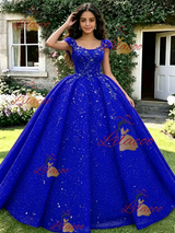 Blue Seuqins Straps Quinceanera Dress