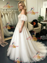 Tulle Off the Shoulder Appliques Prom Dress