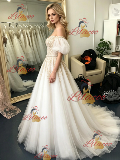 Tulle Off the Shoulder Appliques Prom Dress