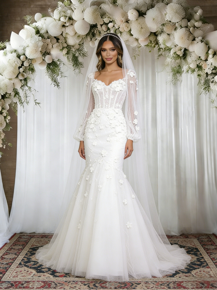 White Mermaid Tulle Appliques Long Sleeve Wedding Dress