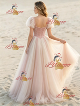 Pink Tulle Puff Sleeve Wedding Dress