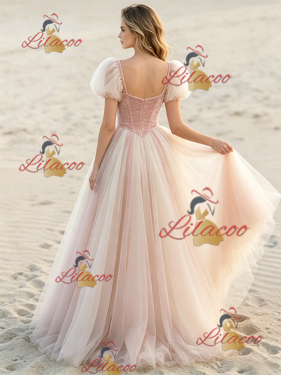 Pink Tulle Puff Sleeve Wedding Dress