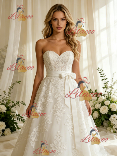 Beige Wite Tulle Appliques Strapless Wedding Dress