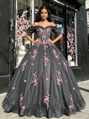 Gray Tulle Short Sleeve Appliques Quinceanera Dress