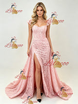 Pink Lace Straps Split Prom Dress
