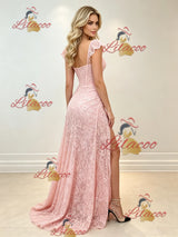 Pink Lace Straps Split Prom Dress