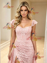 Pink Lace Straps Split Prom Dress