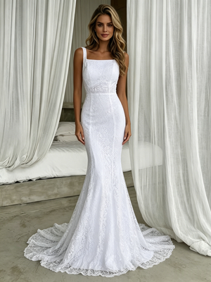 White Mermaid Lace Straps Wedding Dress