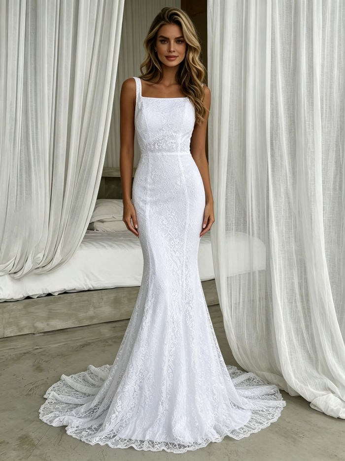White Mermaid Lace Straps Wedding Dress