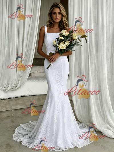 White Mermaid Lace Straps Wedding Dress