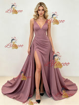 V-neck Pleats Split Prom Dress