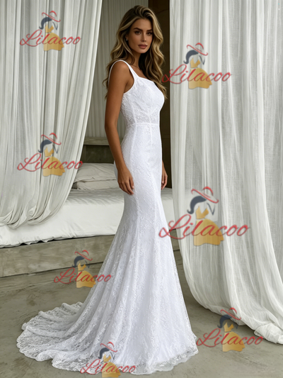White Mermaid Lace Straps Wedding Dress