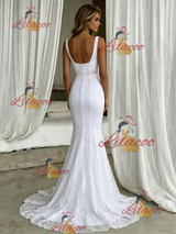 White Mermaid Lace Straps Wedding Dress