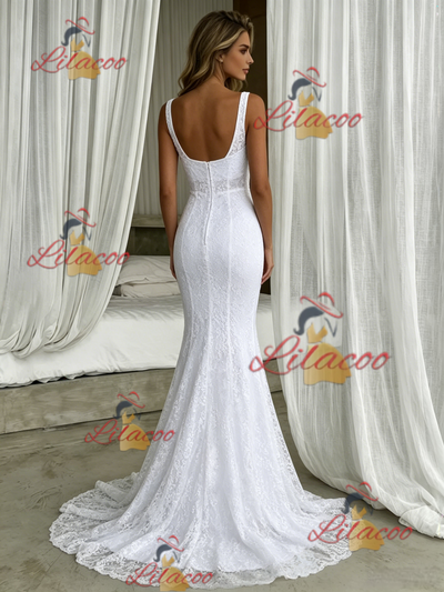 White Mermaid Lace Straps Wedding Dress