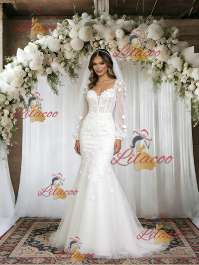 White Mermaid Tulle Appliques Long Sleeve Wedding Dress