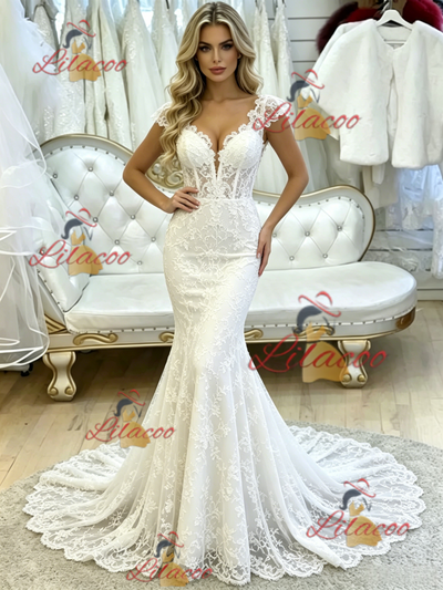 White Mermaid Lace V-neck Wedding Dress