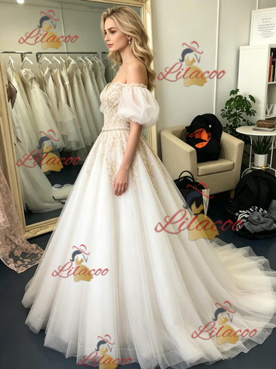 Tulle Off the Shoulder Appliques Prom Dress