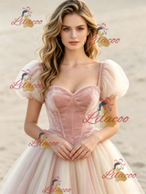 Pink Tulle Puff Sleeve Wedding Dress