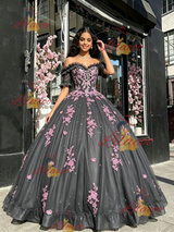 Gray Tulle Short Sleeve Appliques Quinceanera Dress